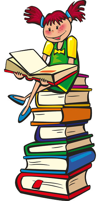 girl, books, stack