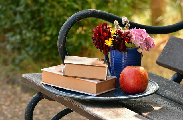 books, read, bunch of flowers