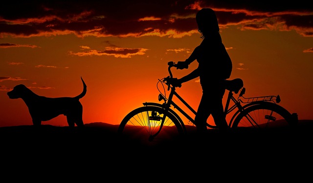 woman, bike, sunset