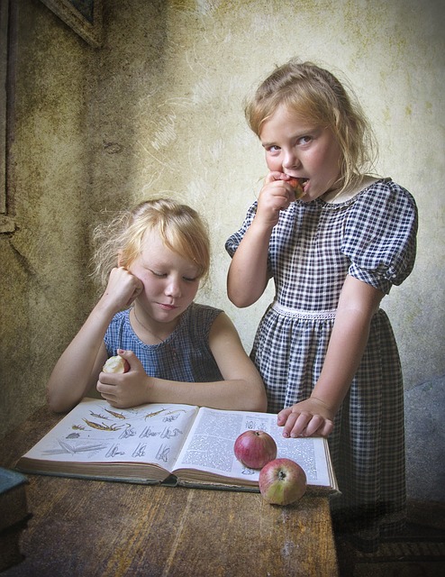 kids, book, apples