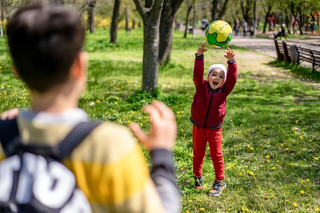 park, playing catch, kids