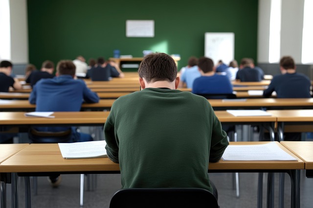 ai generated, school exam, students, classroom, exam, sitting, test, classroom exam, taking test, learning, education, writing, study, school, students writing, education scene